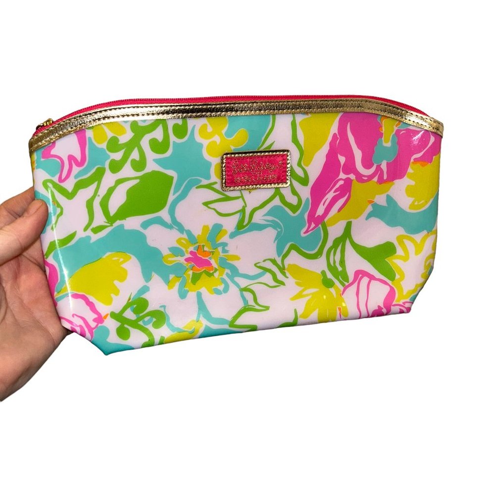 lilly pulitzer pink yellow flower print zipper pouch make up bag